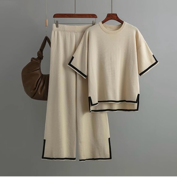 Knit 2 Pieces Sweater Sets Short Sleeve Pullover Tops and Wide Legs Pants - Picture 1 of 7